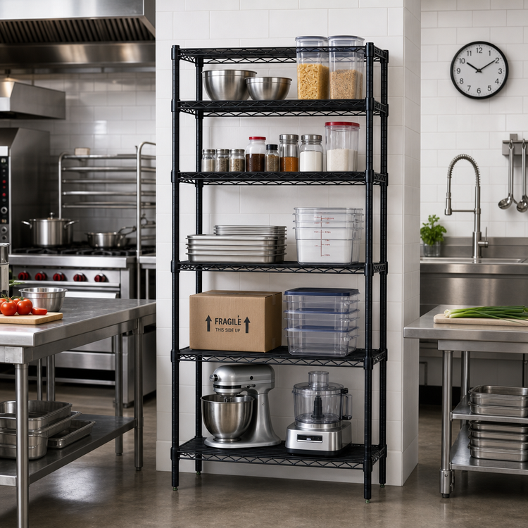 Product image #2 for Quantum 30 Inch W x 14 Inch D x 63 Inch H Stationary Wire Shelving Starter Kit, Black Epoxy Antimicrobial Finish, 5 Shelves