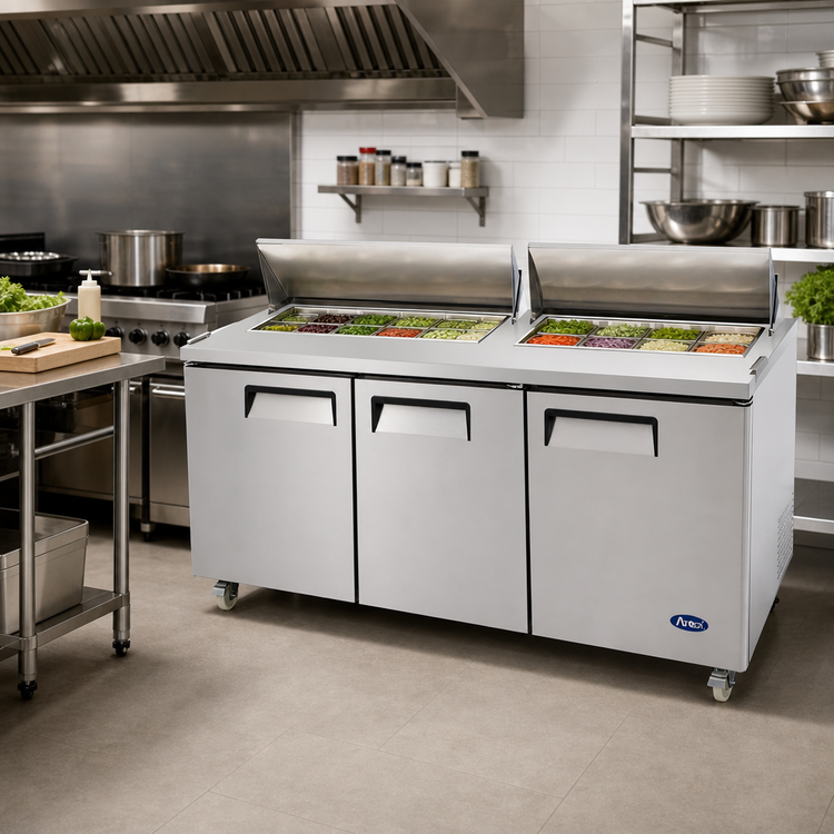 Product image #2 for Atosa Three-Section Mega Top Sandwich/Salad Prep Table Refrigerator, 72.7 Inch, 30-Pan, Rear-Mounted Self-Contained, Stainless Steel