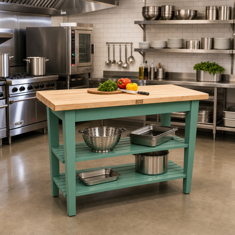 Product image #3 for John Boos Classic Country 48-Inch x 25-Inch Wood Top Work Table with 1-1/2-Inch Edge Grain Maple Top and Two Slatted Undershelves
