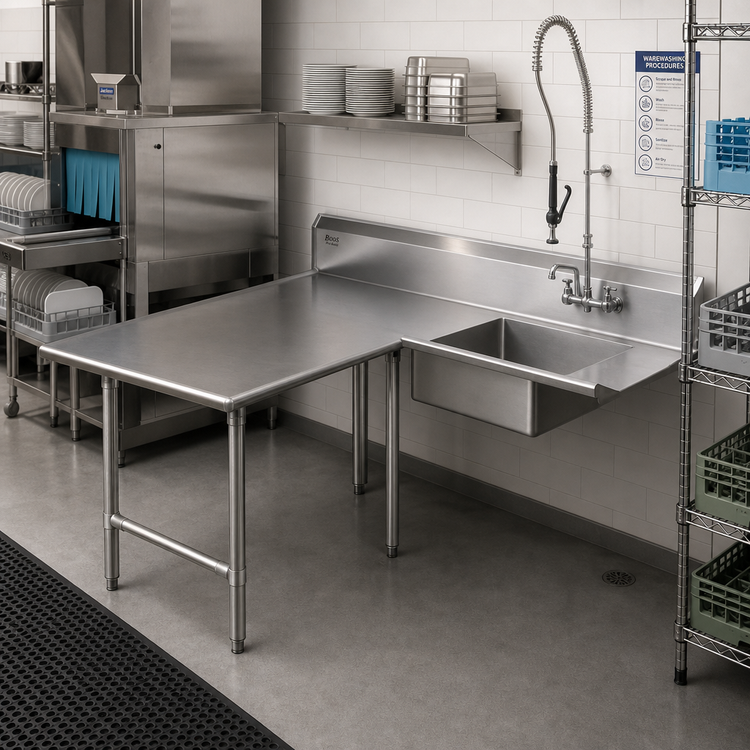 Product image #2 for John Boos Pro-Bowl L-Shaped Soiled Landing Dishtable with 20" x 20" x 8" Bowl, Left-to-Right, 70" Machine-to-Corner x 144" Corner-to-End