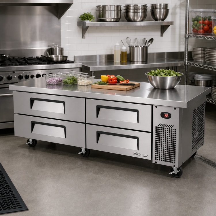 Product image #2 for Turbo Air Super Deluxe 78-Inch Extended Top Chef Base Refrigerator, 4-Drawer, Self-Contained Side-Mounted