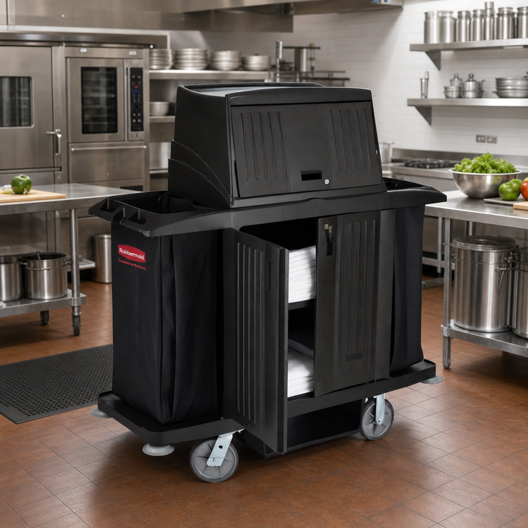 Product image #2 for Rubbermaid Commercial Xtra Full-Size Housekeeping Cart with Doors and Vinyl Bag, Black