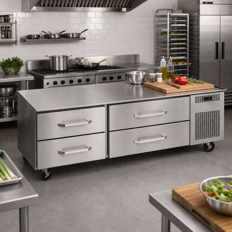 Product image #2 for Randell Three-Section Self-Contained Refrigerated Chef Base Equipment Stand, 6 Drawers, 105-Inch Wide, Right-Side Compressor