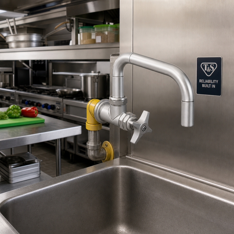 Product image #2 for T&S Brass Big-Flo Wall-Mount Faucet with 6-1/2 Inch Swing Nozzle and 4-Arm Handle