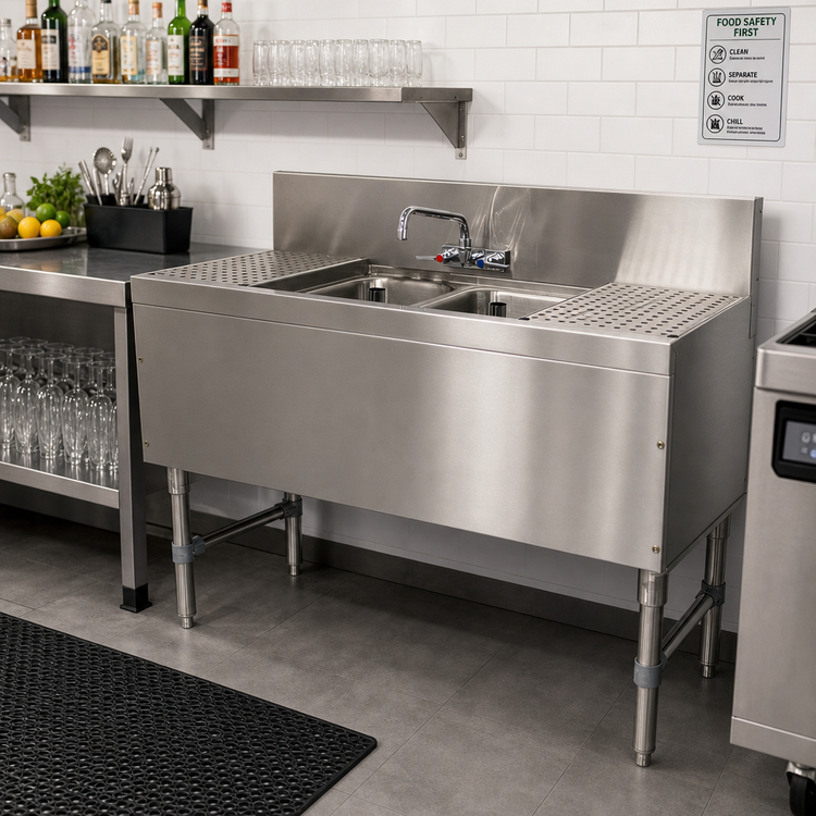 Product image #2 for Prestige 2-Compartment Stainless Steel Underbar Sink Unit with Dual Drainboards and Splash-Mount Faucet