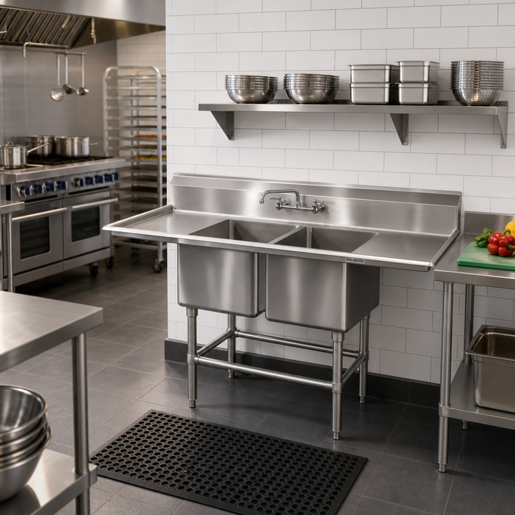 Product image #2 for Spec-Master FN Series Coved Corner Two-Compartment Sink, 47W x 35D, 14 Gauge Stainless Steel, Without Drainboards