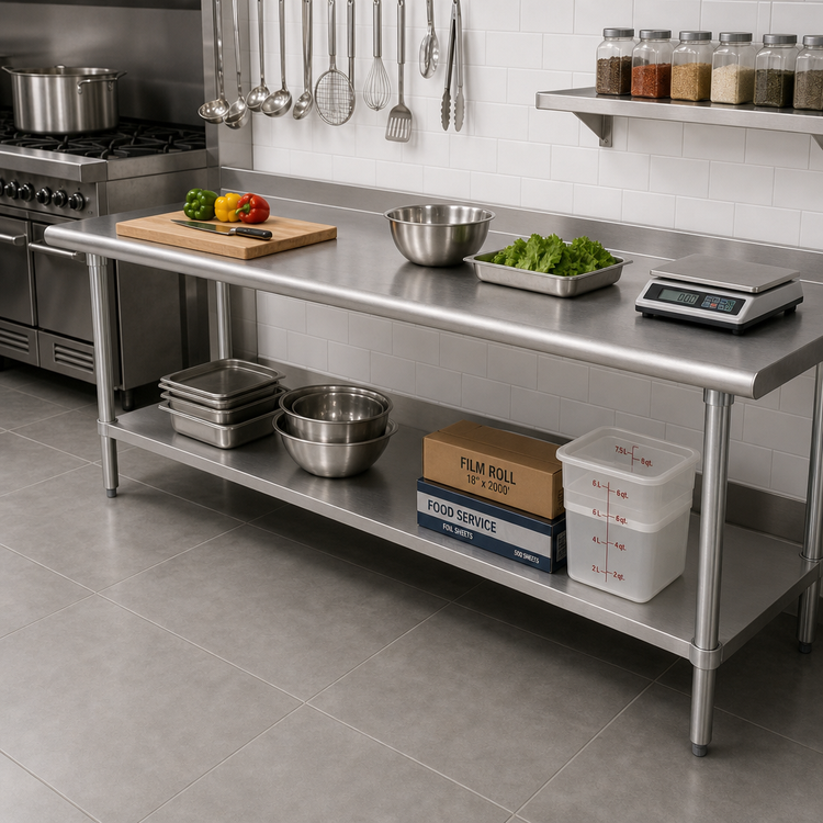 Product image #2 for Advance Tabco 120-Inch x 24-Inch Stainless Steel Work Table with Adjustable Undershelf and 1-1/2-Inch Rear Backsplash