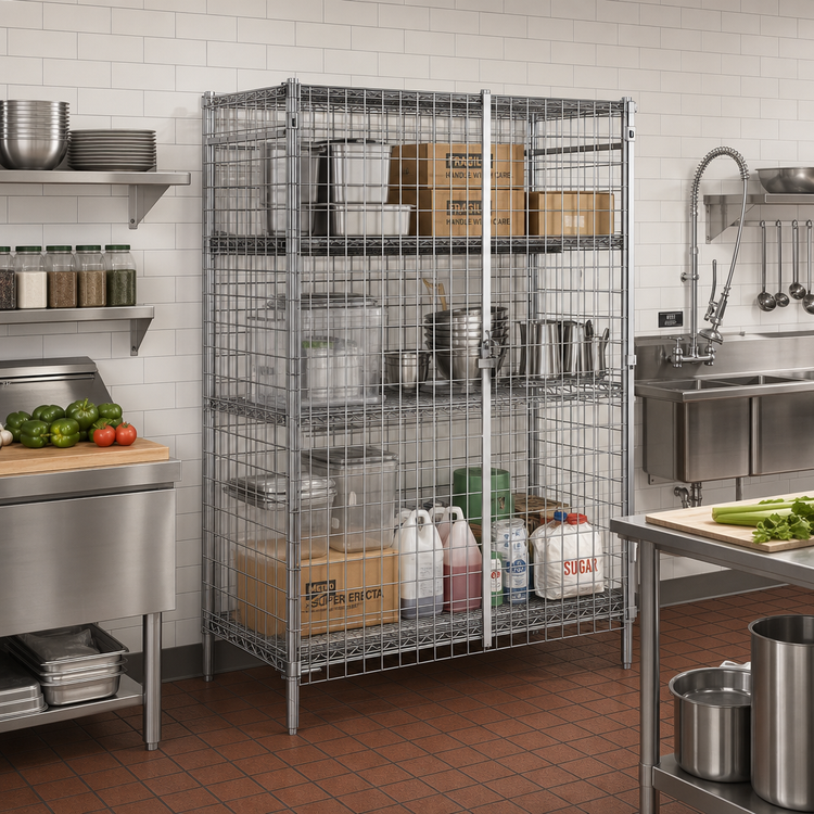 Product image #2 for Metro Super Erecta Stationary Wire Security Cage with Stainless Steel Finish, 50-1/2"W x 21-1/2"D x 66-13/16"H