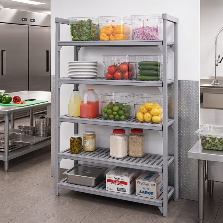 Product image #3 for Cambro Camshelving Premium 21" x 60" Vented Shelf Kit, 5 Shelves, Speckled Gray