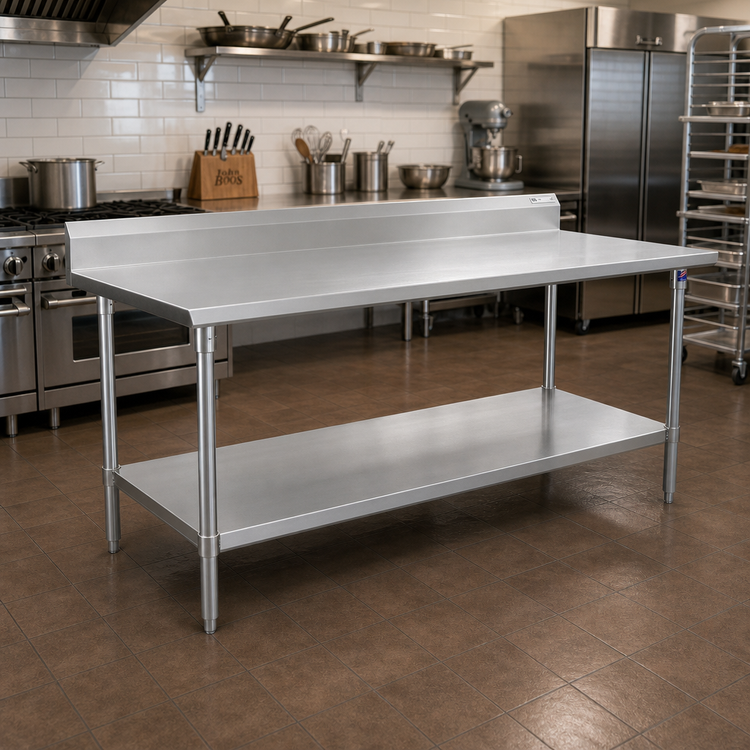 Product image #2 for John Boos Stallion 108"W x 36"D Stainless Steel Work Table with 5" Backsplash and Undershelf