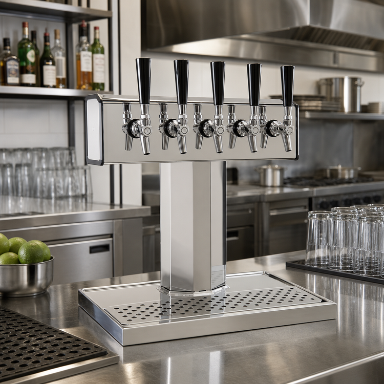 Product image #2 for Glastender Tee Draft Dispensing Tower with 5 Faucets, Countertop, Air-Cooled, Stainless Steel, Polished Chrome