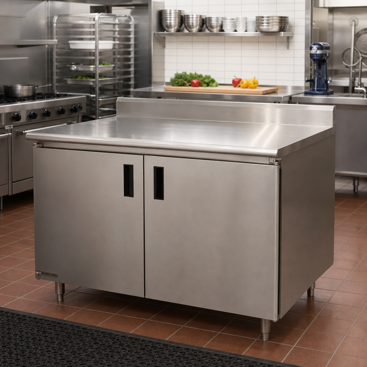 Product image #2 for Advance Tabco Special Value Economy Enclosed Work Table with Cabinet Base, Mid-Shelf, Hinged Doors, 72 x 24 Inches, 16-Gauge 304 Stainless Steel Top