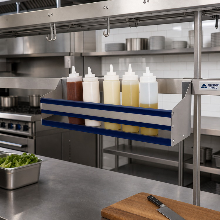 Product image #2 for Advance Tabco Prestige Supreme 18-Inch Single-Tier Hang-On Stainless Steel Speed Rail, 4-Bottle Capacity