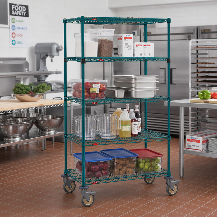 Product image #2 for Super Erecta 36"W x 24"D x 68"H 5-Tier Wire Stem Caster Cart with Metroseal 3 Green Finish and Microban