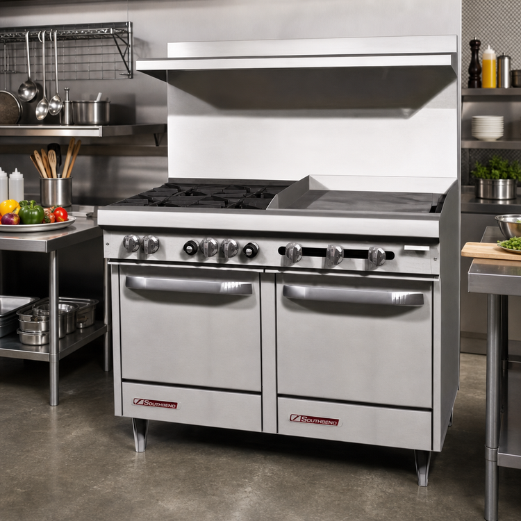 Product image #2 for Southbend S-Series 48-Inch Gas Restaurant Range with 2 Open Burners, 36-Inch Griddle, and 2 Space-Saver Ovens