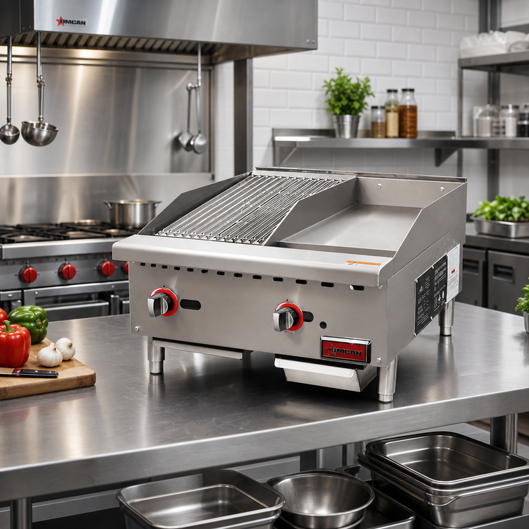 Product image #2 for Omcan 24-Inch Countertop Natural Gas Charbroiler and Griddle Combo with 12-Inch Cooking Surfaces