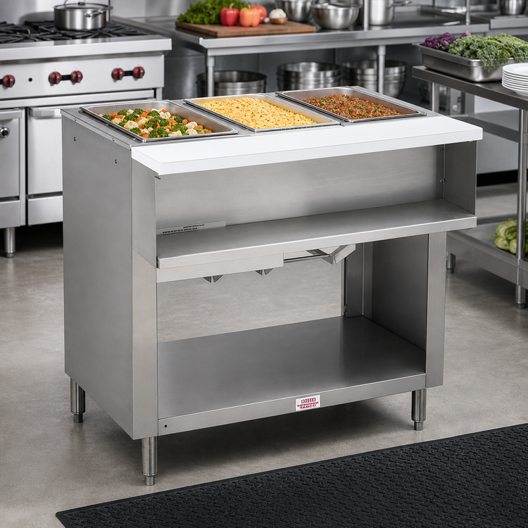 Product image #2 for Advance Tabco Triumph (Supreme) 3-Well LP Gas Wet Bath Hot Food Table with Cutting Board and Open Undershelf