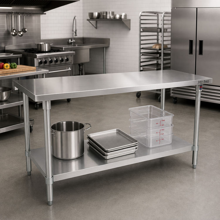 Product image #2 for John Boos Stallion 84 Inch x 24 Inch 14-Gauge Stainless Steel Top Work Table with Galvanized Base and Adjustable Undershelf