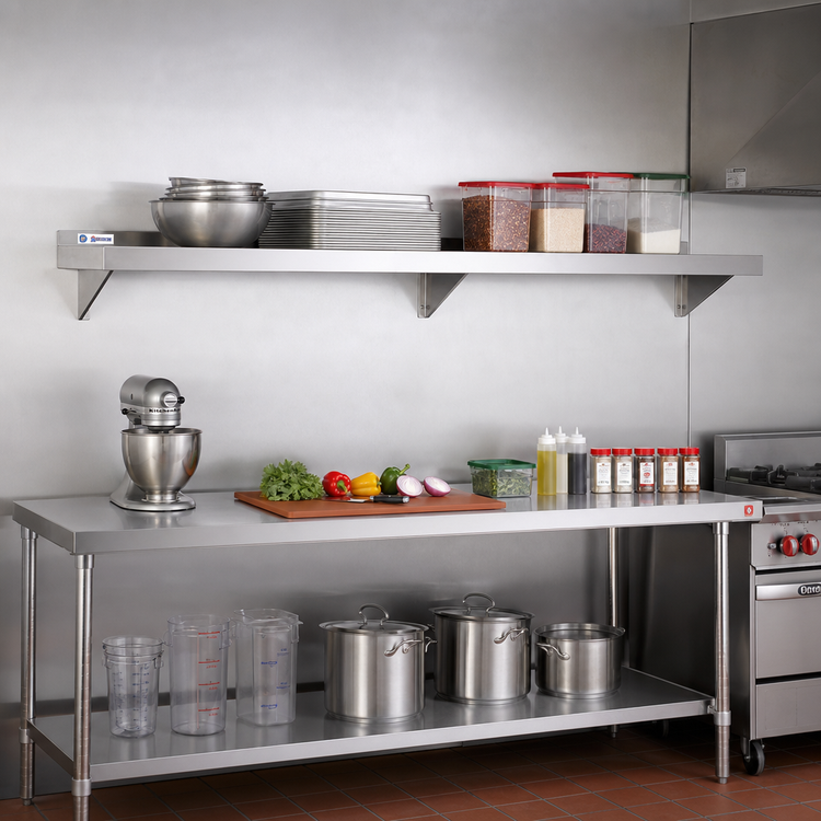 Product image #2 for 84 Inch x 12 Inch Wall-Mounted 18/430 Stainless Steel Shelf with 1-1/2 Inch Rear Up-Turn