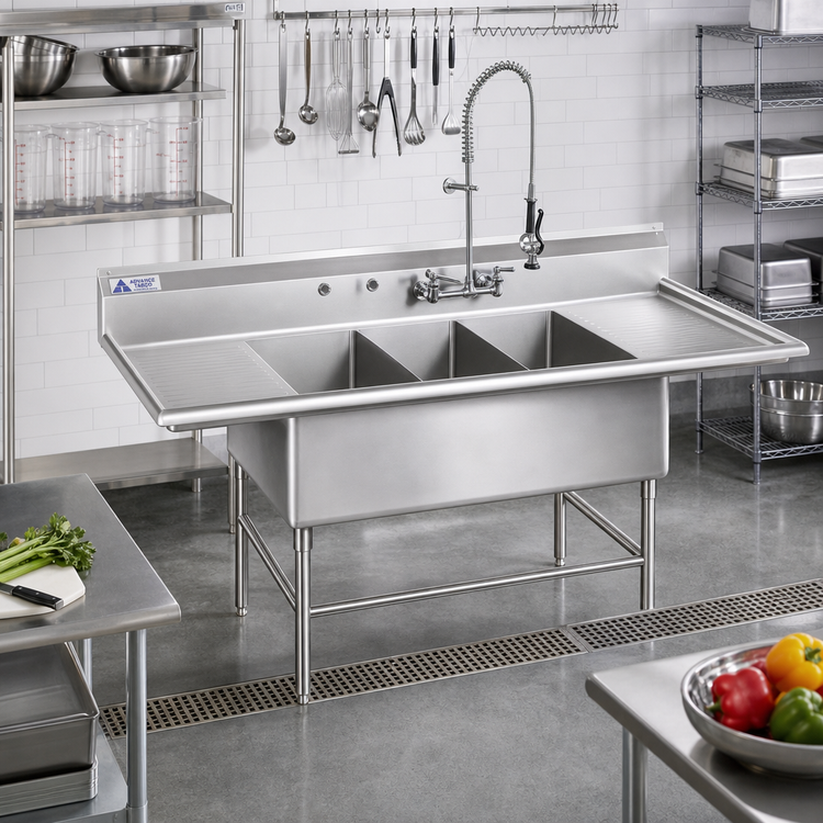 Product image #2 for Advance Tabco Regaline Super Size 3-Compartment Stainless Steel Sink with Left and Right Drainboards, 78 x 38 Inches