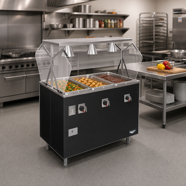 Product image #2 for Vollrath 2-Series Affordable Portable 3-Well Mobile Hot Food Station with Buffet Breath Guard and Enclosed Storage Base, Black, 208-240V