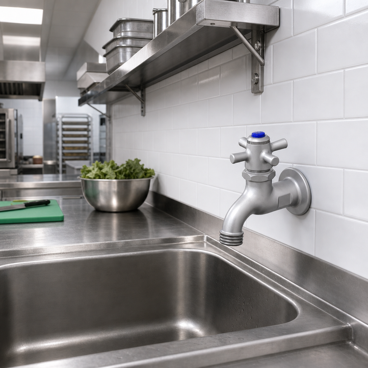 Product image #2 for Heavy Duty Wall-Mount Single Sink Faucet with Self-Closing Valve and Hose Thread Outlet