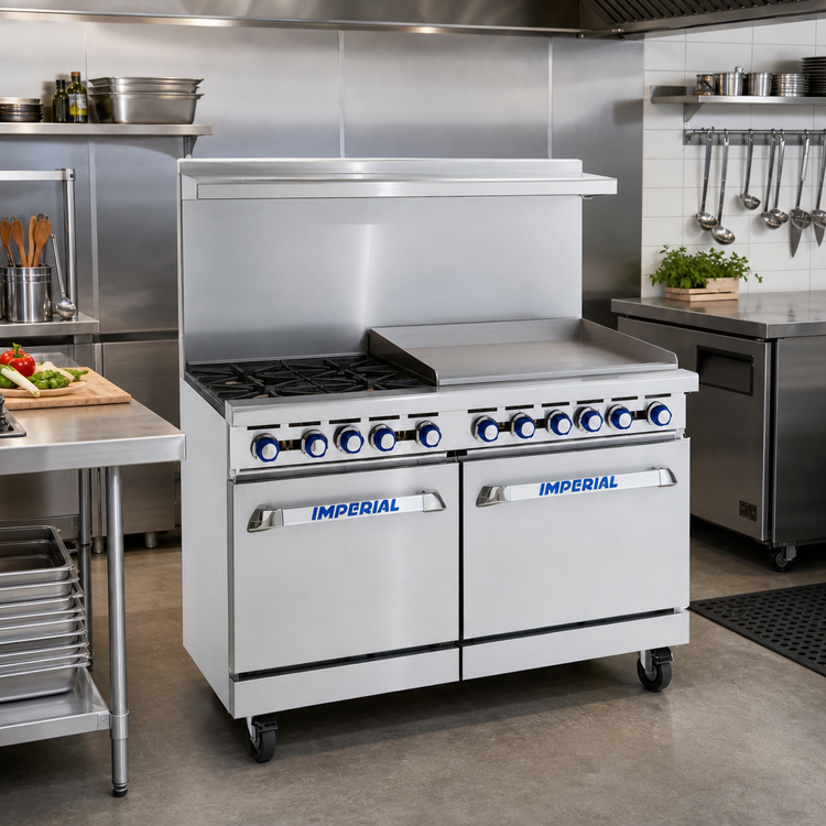 Product image #2 for Imperial Pro Series 48-Inch Commercial Gas Restaurant Range with 2 Open Burners, 36-Inch Griddle, Standard Oven, and Open Cabinet Base
