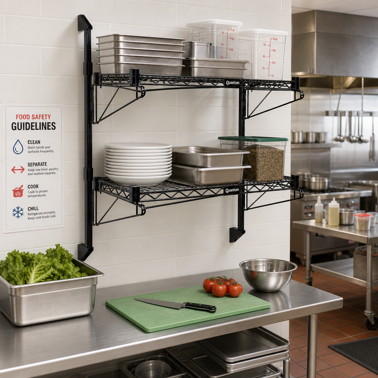 Product image #2 for Quantum Wall-Mounted Cantilever Double Shelf Wire Shelving Unit, 36" W x 12" D Shelves, Black Epoxy