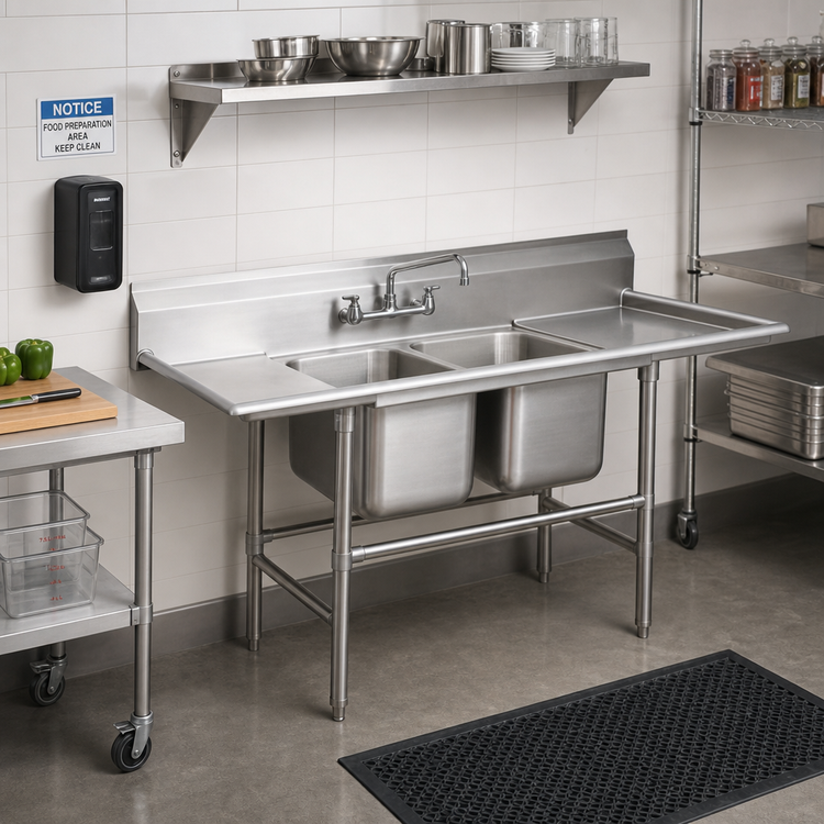 Product image #2 for Advance Tabco Regaline 2-Compartment Stainless Steel Sink with Left and Right-Hand 36-Inch Drainboards, 16 x 20-Inch Bowls