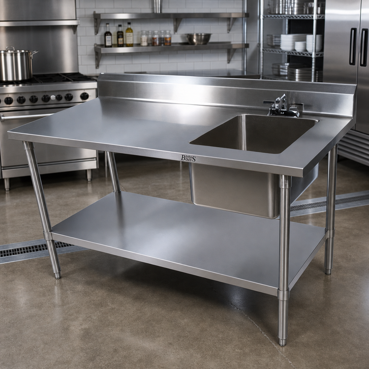 Product image #2 for John Boos 60-Inch 16-Gauge Stainless Steel Work Table With Right Prep Sink, Adjustable Undershelf and 5-Inch Backsplash
