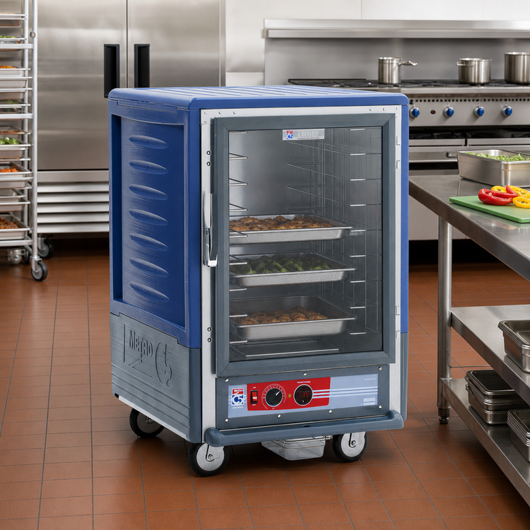 Product image #2 for Metro C5 3 Series Mobile Half-Height Heated Holding Cabinet with Blue Insulation Armour, Clear Door, Lip Load Slides, 17-Pan Capacity, 120V