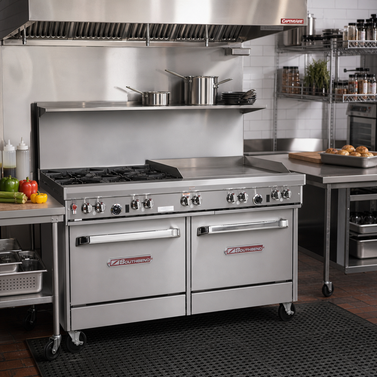 Product image #2 for Southbend Ultimate 60-Inch Commercial Gas Restaurant Range with 4 Open Burners, 36-Inch Griddle, Convection Oven and Cabinet Base