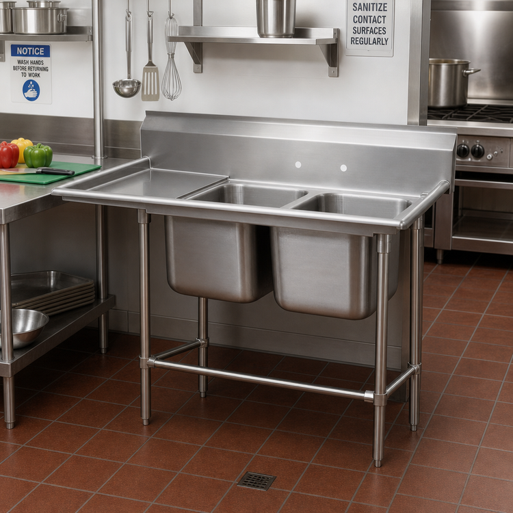 Product image #2 for Advance Tabco Regaline 94 Series 2-Compartment Sink with Left-Hand Drainboard, 20 x 28 Inch Bowls, 14 Gauge 304 Stainless Steel