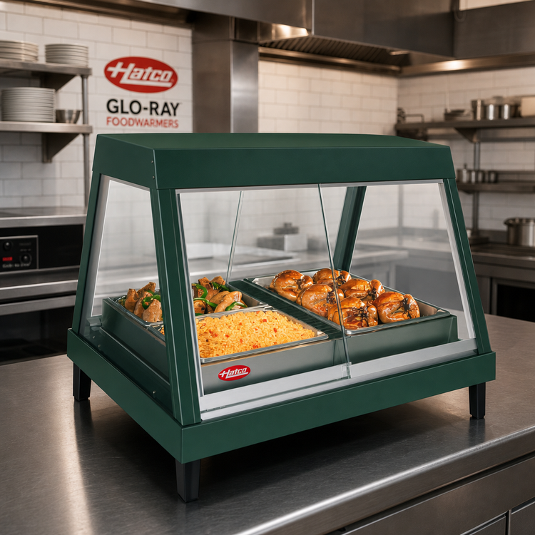 Product image #2 for Hatco Glo-Ray Full-Service Countertop Heated Display Case, 3-Pan, Straight Glass Front, Humidity, Rear Sliding Doors