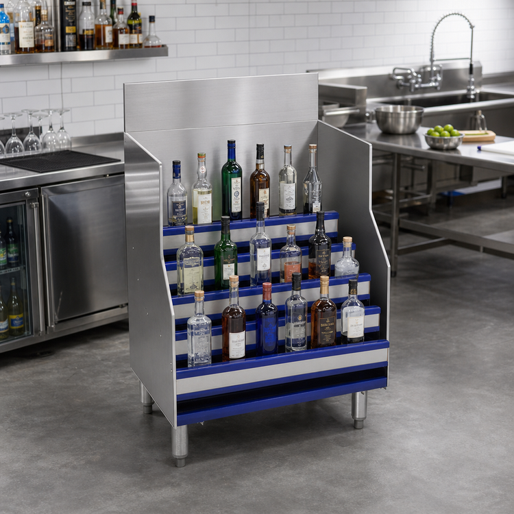 Product image #2 for Advance Tabco Prestige Signature Series 36-Inch Five-Step Stainless Steel Freestanding Liquor Bottle Display Unit