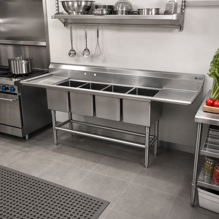 Product image #2 for Spec-Master FN2072-4-36R-14/3 Four-Compartment Stainless Steel Commercial Sink with 36" Right Drainboard