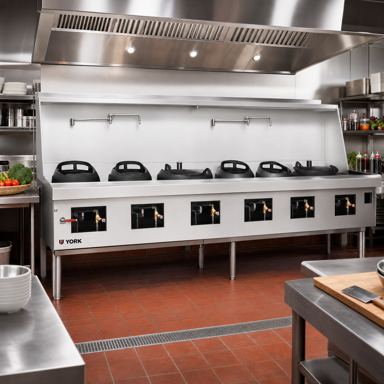 Product image #2 for York 6-Chamber Gas Wok Range with Water-Cooled Top and Chinese Swing Faucets