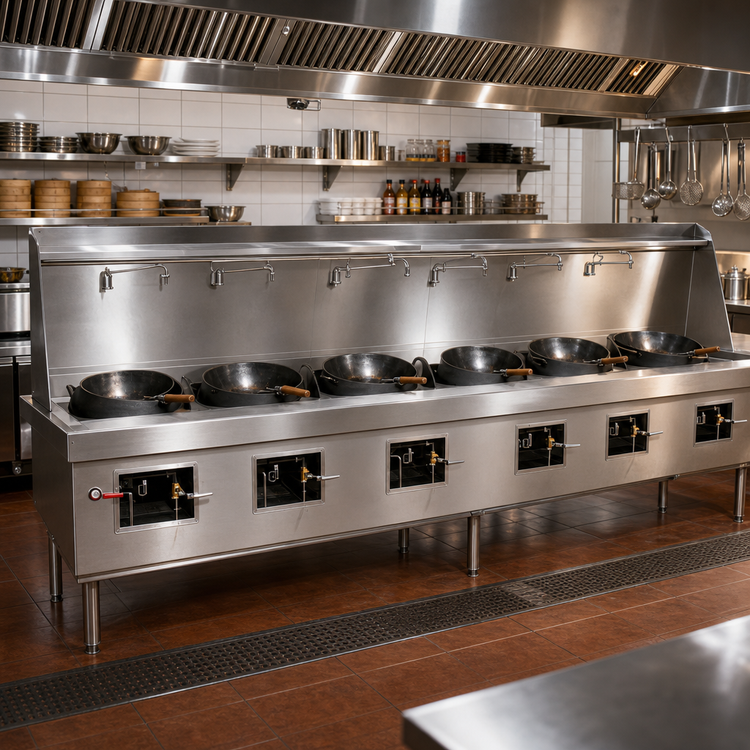Product image #2 for York 6-Chamber Gas Wok Range with Water-Cooled Top and Chinese Swing Faucets