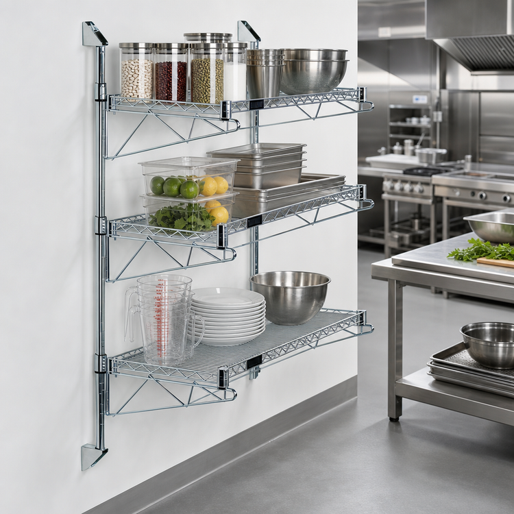 Product image #2 for Quantum Wall-Mounted Cantilever Shelf Starter Unit with 3 Wire Shelves, 54-Inch Posts and Chrome Plated Finish