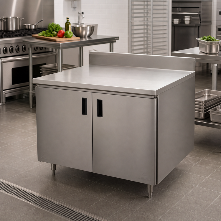 Product image #2 for Advance Tabco 36-Inch x 36-Inch Enclosed Work Table with Cabinet Base, 14-Gauge 304 Stainless Steel Top and 5-Inch Backsplash