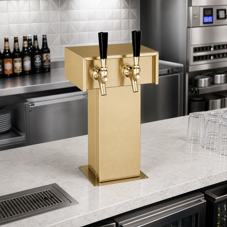 Product image #2 for Perlick Extra High Countertop Glycol-Cooled Tee Draft Beer Tower for 2 Faucets, Tarnish-Free Brass Finish