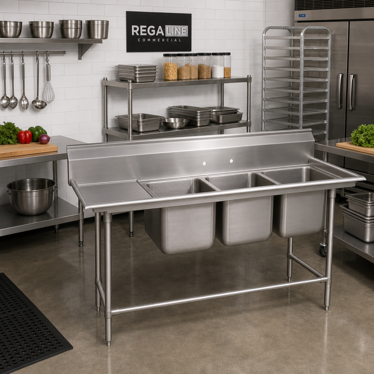 Product image #2 for Regaline 3-Compartment Sink with Left-Hand Drainboard, 14-Gauge 304 Stainless Steel
