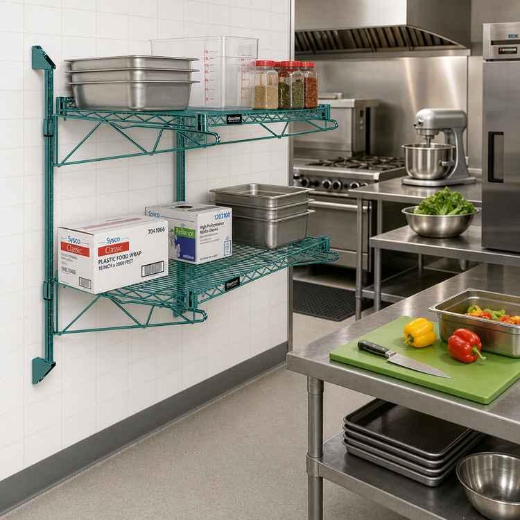 Product image #2 for Quantum Wall-Mount Cantilever Double Wire Shelving Unit, 42 x 24 Inches, Green Epoxy Antimicrobial Finish