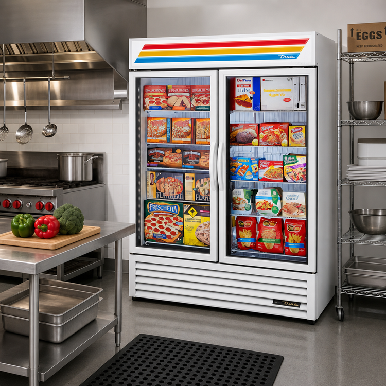 Product image #2 for True 54-Inch Two-Section Glass Door Freezer Merchandiser, Self-Contained Bottom Mount, White