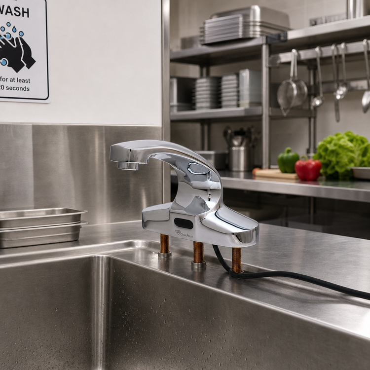 Product image #2 for ChekPoint Electronic Touchless Deck Mount Faucet with 4-Inch Centers, 4-Inch Cast Spout, Chrome-Plated Brass, 0.5 GPM