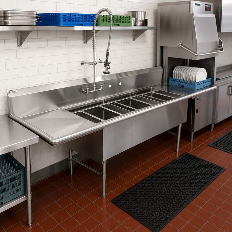 Product image #2 for John Boos Triple-Compartment Stainless Steel Pot Sink Dishtable with Dual 18-Inch Drainboards and Right-Side Dish Machine Opening