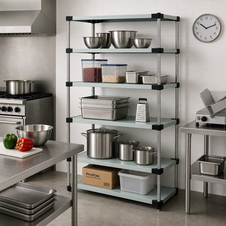 Product image #2 for Quantum Stationary Solid Shelving Starter Kit, 54 Inch Wide x 24 Inch Deep x 74 Inch High, 5-Shelf, 304 Stainless Steel