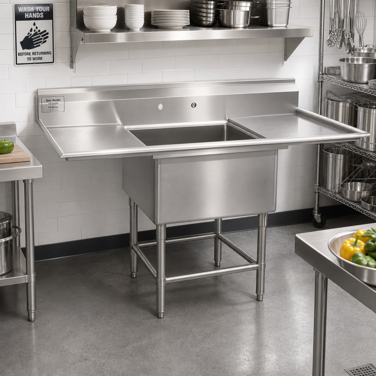 Product image #2 for Spec-Master FN Series 1-Compartment 14-Gauge 304 Stainless Steel Sink with Left and Right 30-Inch Drainboards, 82 Inch W x 35 Inch D