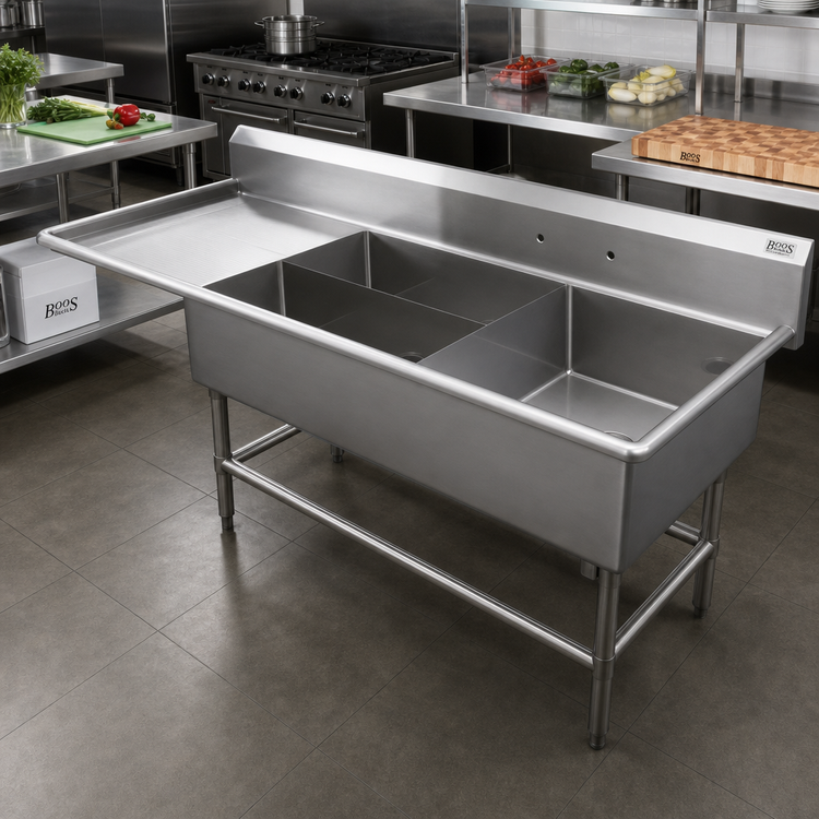 Product image #2 for John Boos Pro-Bowl 84-Inch Wide 3-Compartment Platter Sink with Left Drainboard and 10-Inch Backsplash