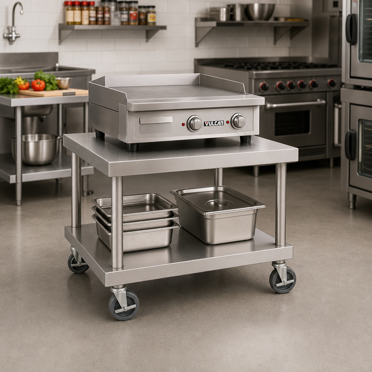 Product image #2 for Vulcan Universal Stainless Steel Counter Model Equipment Stand with 1/2-Inch Marine Edge, Undershelf, and 5-Inch Casters, 26 Inch W x 24 Inch H